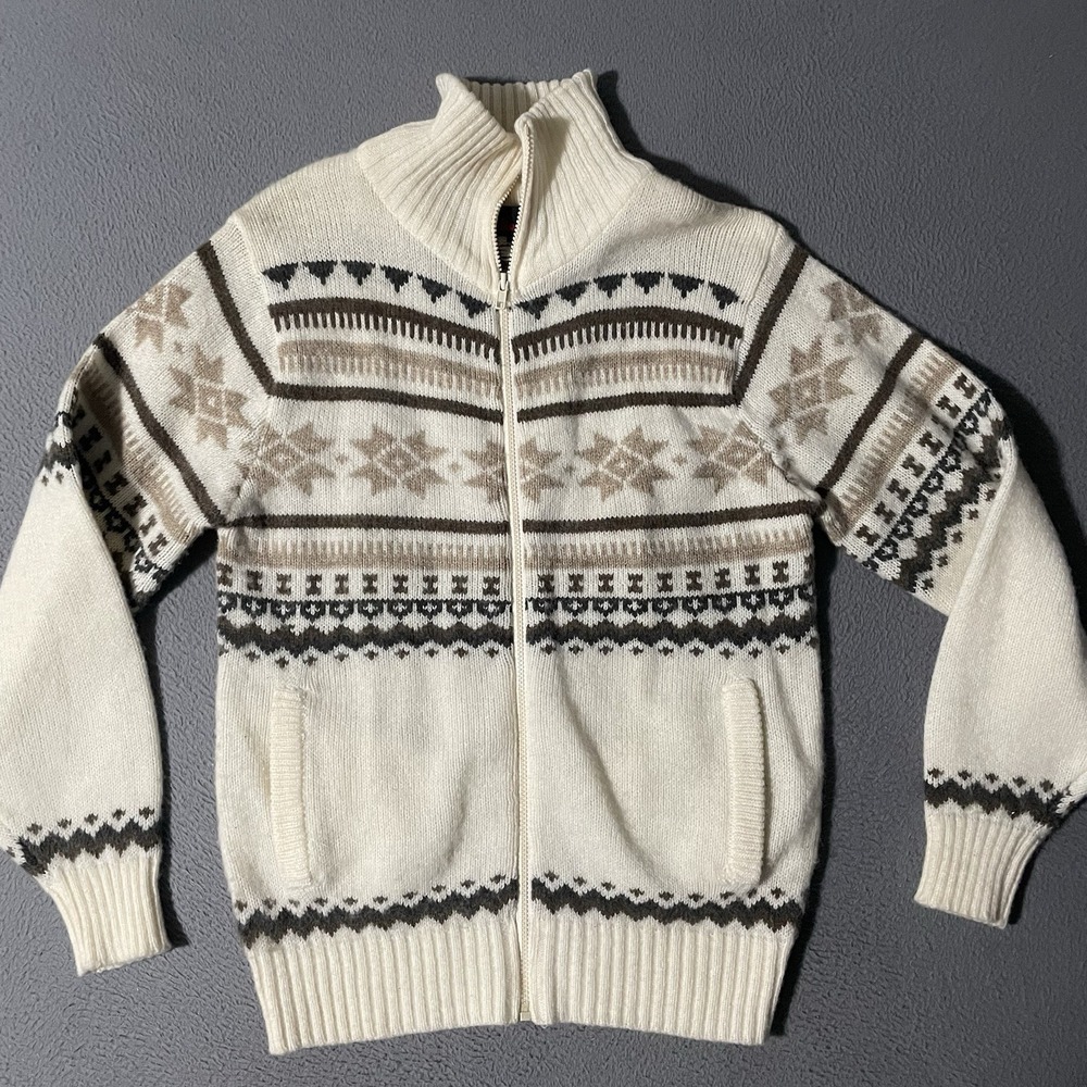 William John Sweater Mens Wool Blend Fair Isle Full Zip in USA Vtg Medium Ski